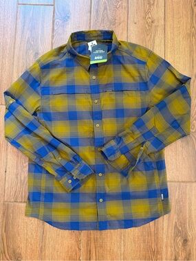 REI Men's Sahara Blue and Olive Green Plaid Button-Down Shirt / medium